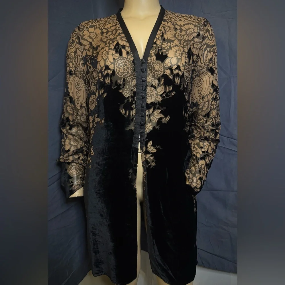 Coldwater Creek Black and Sheer Tan Floral Cardigan - Picture 1 of 5